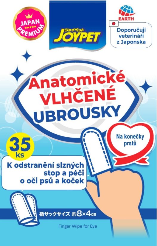 Vlhčené ubrousky na konečky prstů k odstranění slzných stop a péči o oči