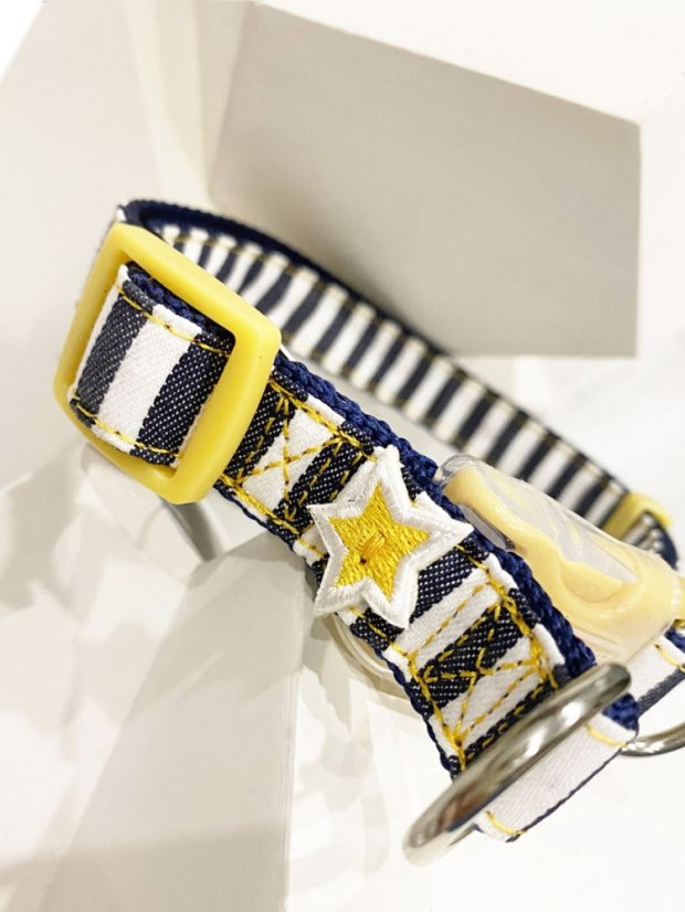 Džínový obojek a vodítko s dvojitým zapínáním pruhovaný modrý S