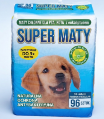 Superabsorpční 4vrstvé tréninkové podložky pro psy a kočky s eukalyptovým extraktem, 96 ks, 32 × 44 cm.