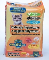 Deodorizační podložky s aktivním uhlím pro kočičí toalety, 20 ks, 27 × 43 cm.