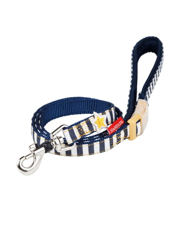 Džínový obojek a vodítko s dvojitým zapínáním pruhovaný modrý S