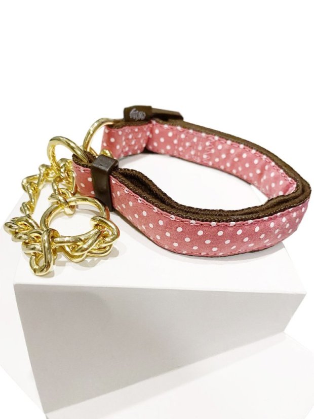 Polostahovací obojek se zlaceným řetízkem puntíkovaný červený SS