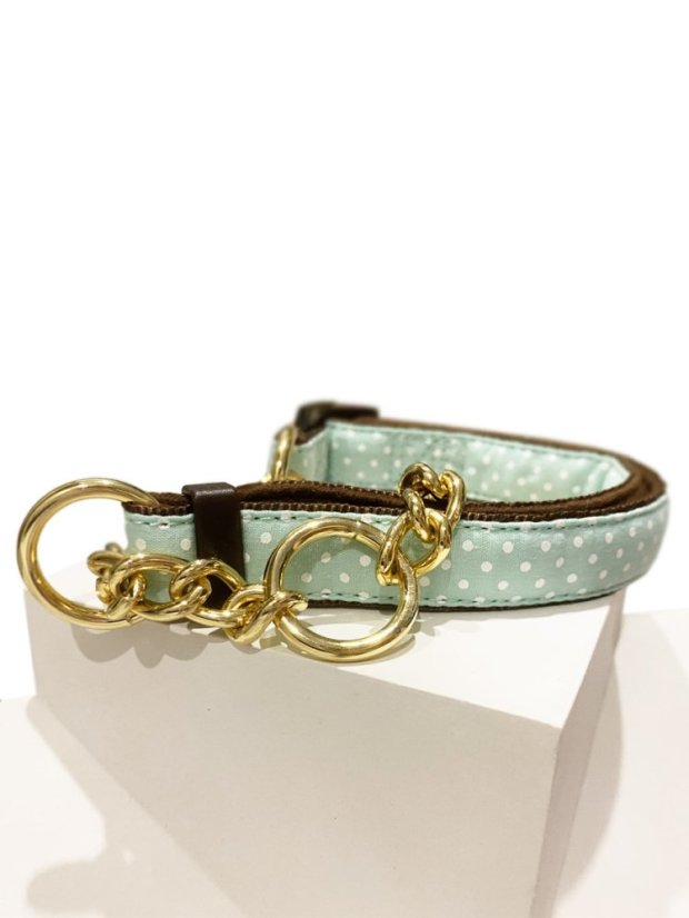 Polostahovací obojek se zlaceným řetízkem puntíkovaný mentolově zelený S