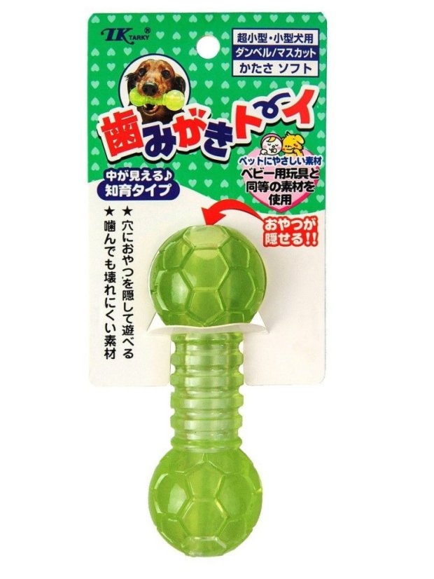 Japan Premium Pet hračka ve tvaru činky na masáž dásní a čištění zubů pro psy, zelená.