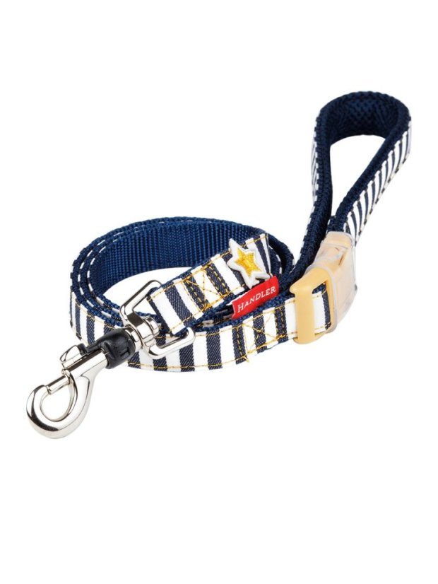 Džínový obojek a vodítko s dvojitým zapínáním pruhovaný modrý M