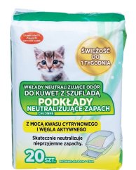 Deodorizační podložky pro kočičí toalety s kyselinou citronovou a aktivním uhlím, 20 ks.