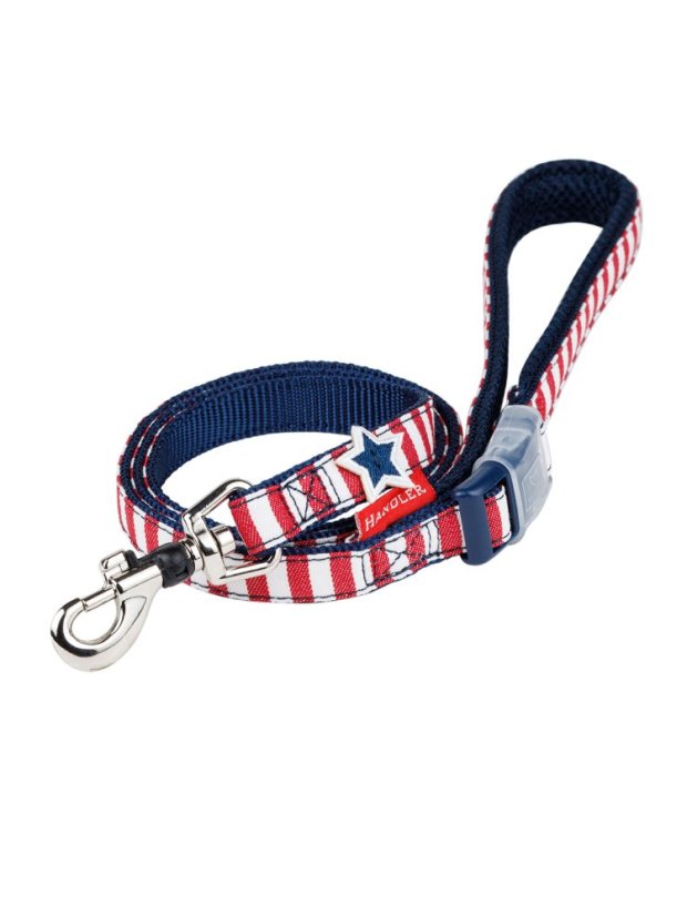 Džínový obojek a vodítko s dvojitým zapínáním pruhovaný červený M